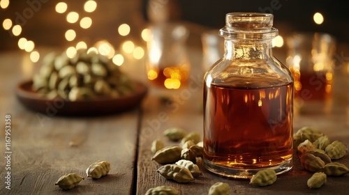 Cozy holiday scene with a glass bottle of amber colored whiskey pine cones and other rustic winter arranged on a weathered wooden table  The warm photo