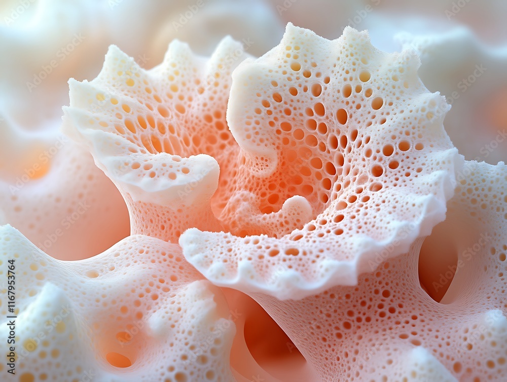 Abstract coral-like structure with intricate porous texture and swirling pattern in pastel peach and white tones.