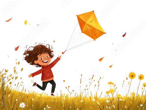 A joyful child flying a bright yellow kite in a sunny field filled with blooming flowers and fluttering leaves. photo