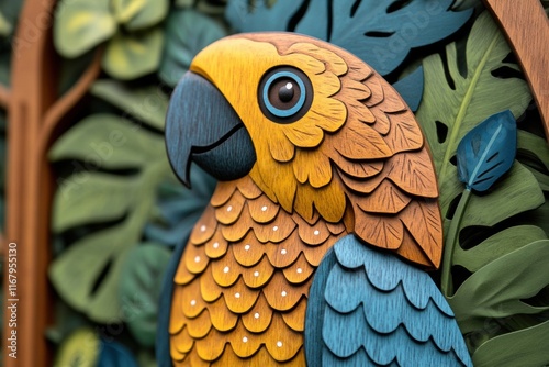 Colorful Wooden Carved Parrot with Intricate Leaf Background photo