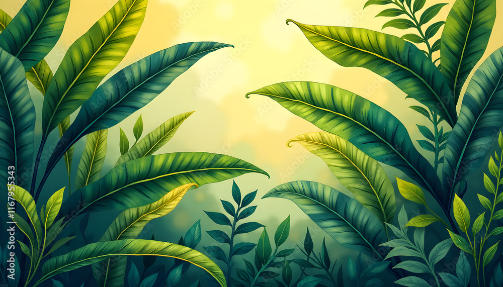 Obraz premium Tropical Banana Leaves in Radiant Watercolor Layers