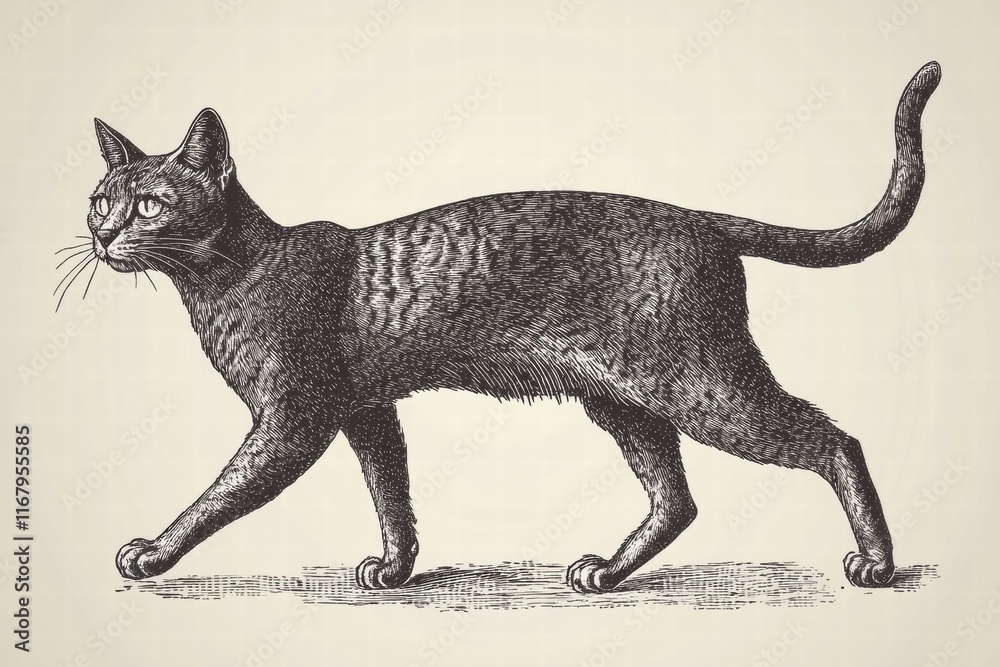 Obraz premium Vintage Black Cat Walking Illustration with Intricate Detail