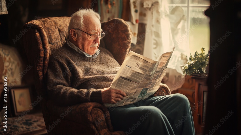 55.An elderly man sitting comfortably in an armchair, holding an open newspaper, with a serene and thoughtful expression. His glasses are perched on his nose as he scans the pages, the chair and 55.An elderly man sitting comfortably in an armchair, holding an open newspaper, with a serene and thoughtful expression. His glasses are perched on his nose as he scans the pages, the chair and