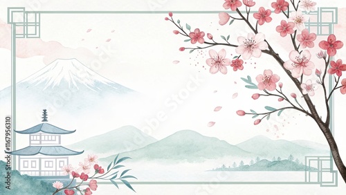 a watercolor illustration with Japanese pattern background
