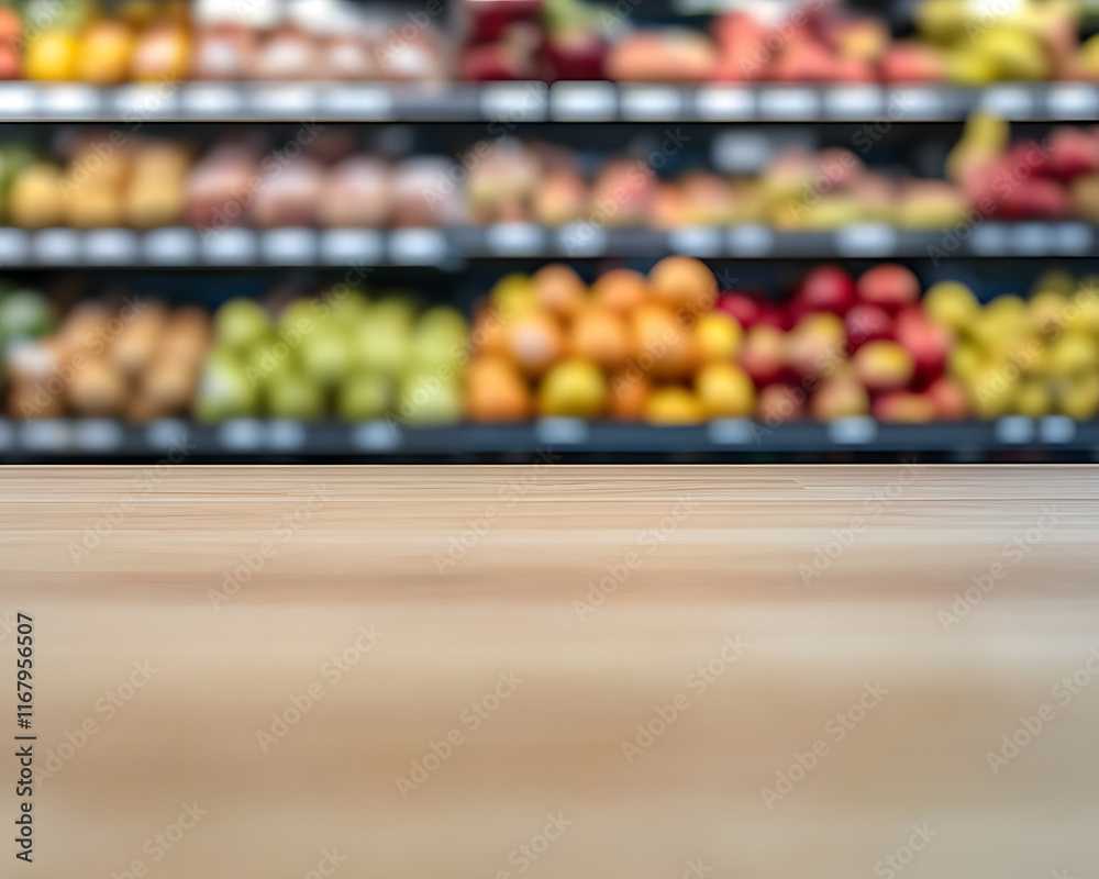 Light Brown Wooden Surface with Blurred Produce Background Light Brown Wooden Surface with Blurred Produce Background