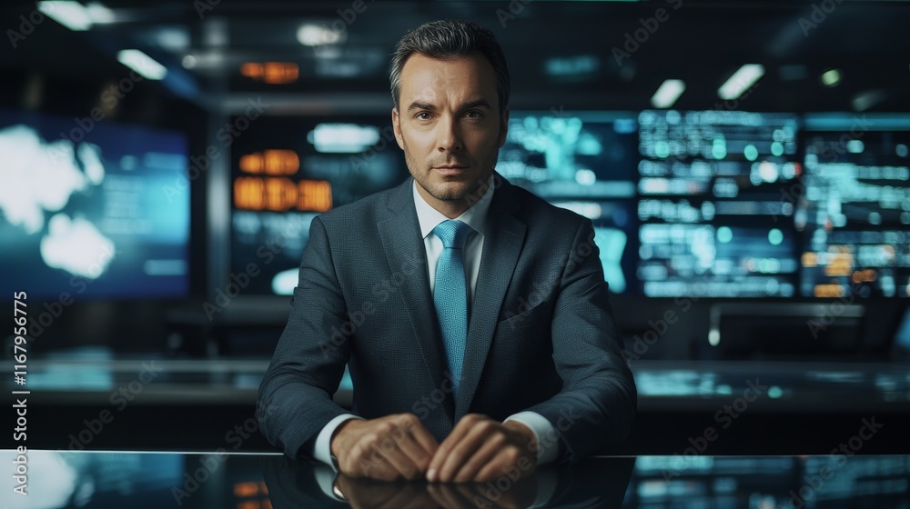 82.A close-up of a male news anchor with a serious expression, standing in front of a large digital screen displaying breaking news headlines. He wears a tailored suit, with his hands resting on the 82.A close-up of a male news anchor with a serious expression, standing in front of a large digital screen displaying breaking news headlines. He wears a tailored suit, with his hands resting on the