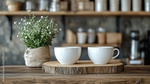 Wallpaper Mural Simple White Cups on Wooden Board with Greenery Decor Background Torontodigital.ca