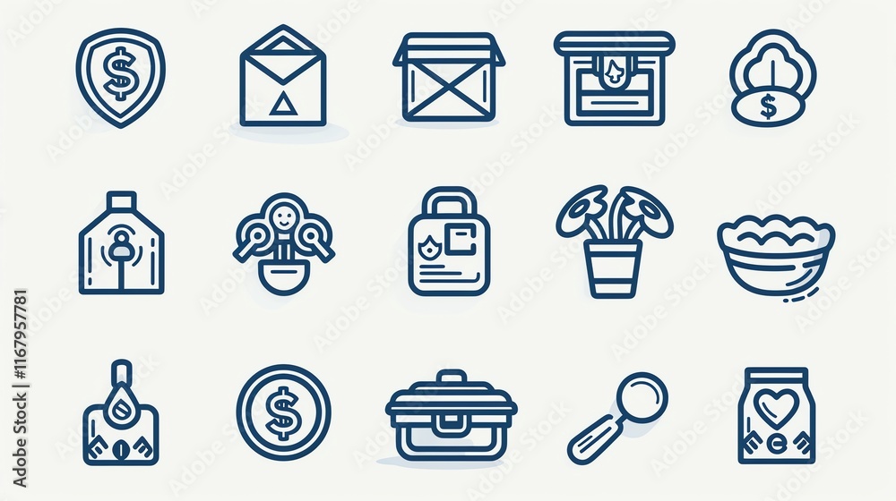 Fototapeta premium Collection of various line icons depicting finance, delivery, security, and household items.
