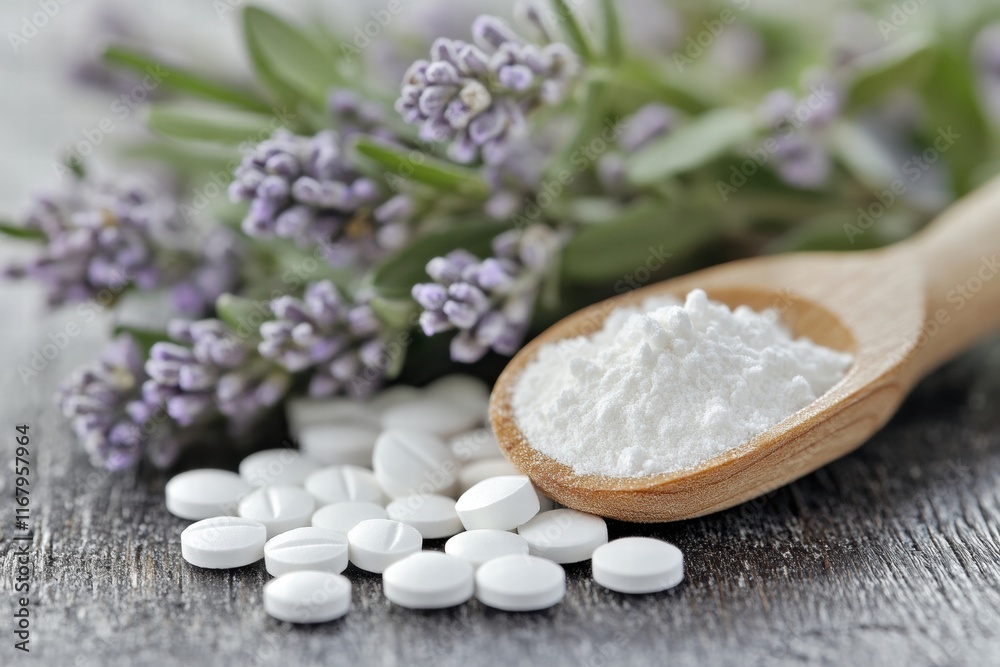 White Pills and Lavender Flowers on Wooden Table Background White Pills and Lavender Flowers on Wooden Table Background