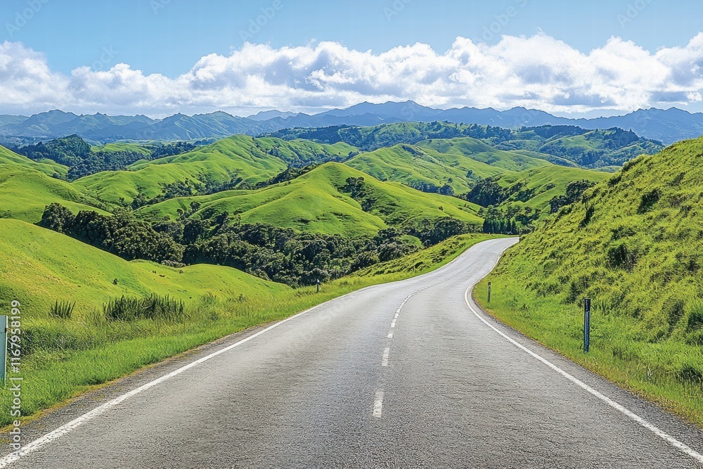 Fototapeta premium Scenic Road Through Lush Green Hills Under Bright Blue Sky