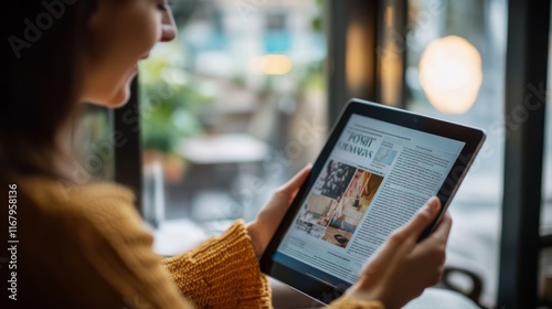 18.A close-up of a tablet screen displaying an online news article, showing a digital version of a newspaper or magazine. The latest press content is visible on the screen, and the person holding the