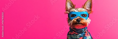 Cute Yorkshire Terrier dog wearing a superhero mask and camouflage outfit against a pink background. photo