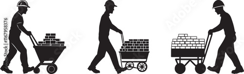 Silhouette of construction worker pushing a cart with bricks vector silhouette