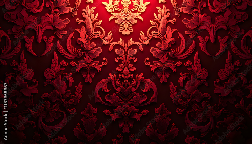 Bold Gothic Damask in Crimson with Subtle Metallic Highlights Bold Gothic Damask in Crimson with Subtle Metallic Highlights