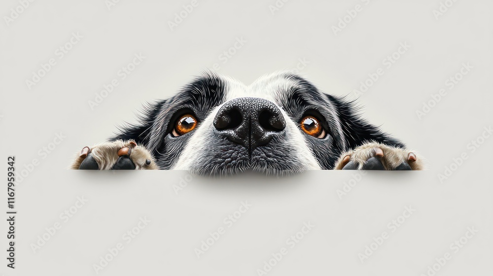 Curious dog peeking over white surface with paws on the edge. Curious dog peeking over white surface with paws on the edge.