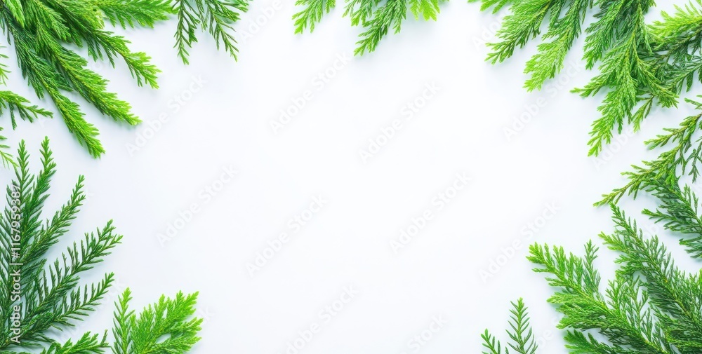 Flat lay of fresh green branches creating a frame on white background. Flat lay of fresh green branches creating a frame on white background.