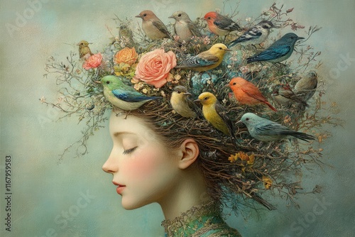 Woman with Floral Hair and Colorful Birds in Dreamy Surroundings