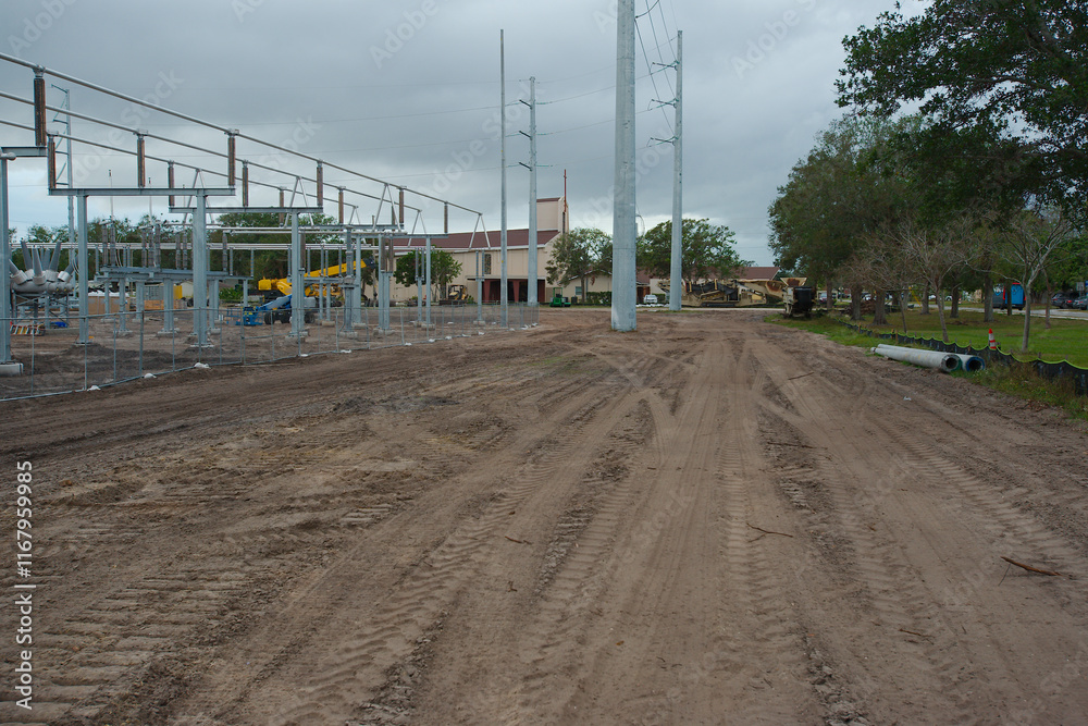 Wide view of an urban Electric substation. Construction vehicles With High Power Lines in Florida. Blue sky. Upgrading infrastructure with large metal poles.
Wide view of an urban Electric substation. Construction vehicles With High Power Lines in Florida. Blue sky. Upgrading infrastructure with large metal poles.