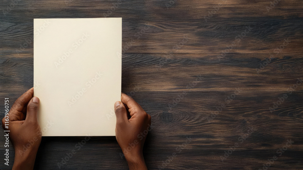 Hands holding a blank sheet of paper on a wooden surface, perfect for presentations, mockups, or creative projects. Hands holding a blank sheet of paper on a wooden surface, perfect for presentations, mockups, or creative projects.