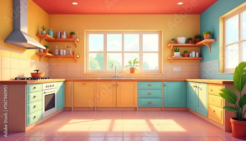 A brightly colored, empty modern kitchen interior in cartoon style, creating a vibrant and inviting scene perfect for a game background