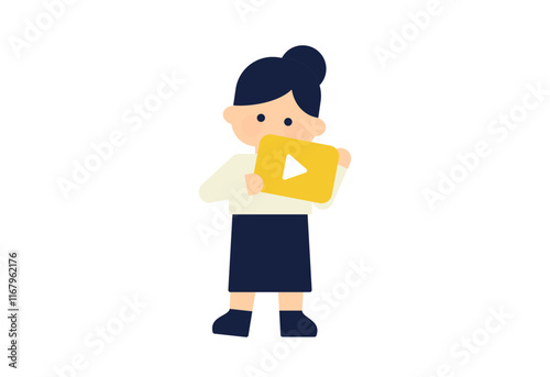 動画アイコンを持つ女性のフラットデザインイラスト ( ベクター人物素材 デフォルメ シンプル )