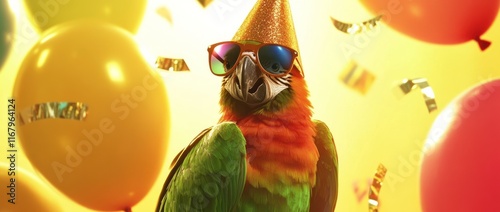 A parrot wearing sunglasses and a party hat surrounded by colorful balloons and confetti. photo