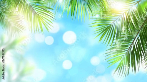 Lush green palm leaves against a bright, sunny blue sky with bokeh effect.