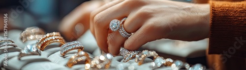 A person choosing rings from a jewelry display, deciding on the perfect piece