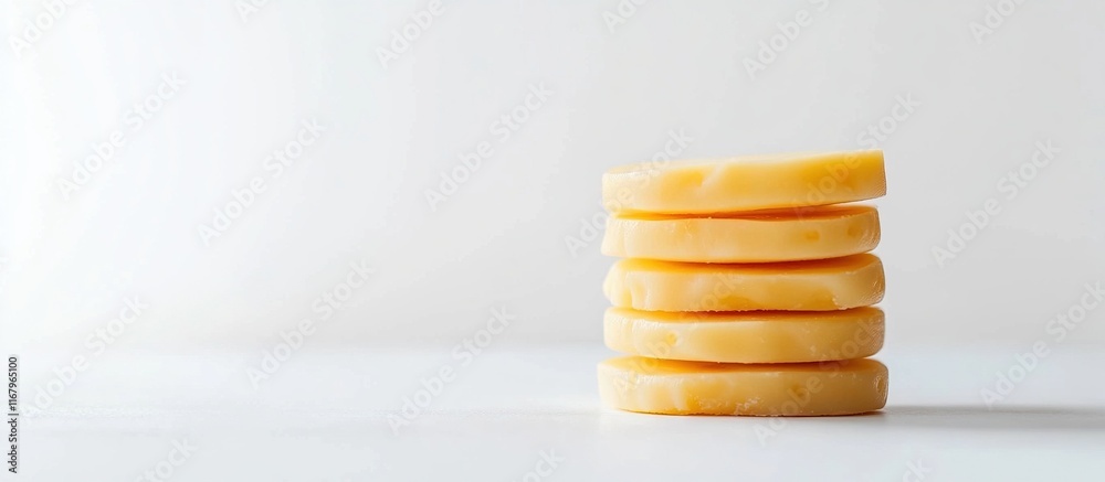 Five yellow cheese slices stacked on a white surface. Five yellow cheese slices stacked on a white surface.