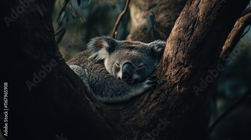 A sleepy koala bear resting in a eucalyptus tree.