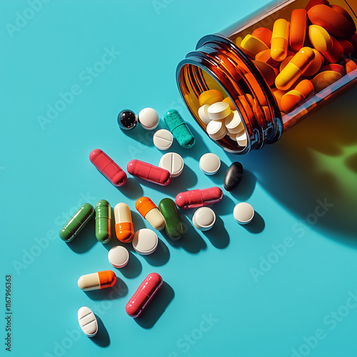 bottle and scattered pills on color background, Space for text,Healthcare and medical background