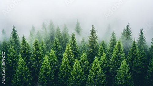 Misty evergreen forest, aerial view of lush green coniferous trees shrouded in fog.