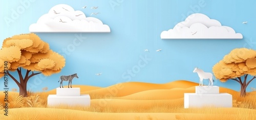 Paper art zebras on podiums in a savannah landscape with trees and clouds. photo