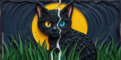 Wide View Of  A Black Cat In A Grassy Field