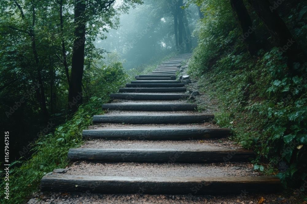 Wooden steps ascend through misty, green forest. Wooden steps ascend through misty, green forest.