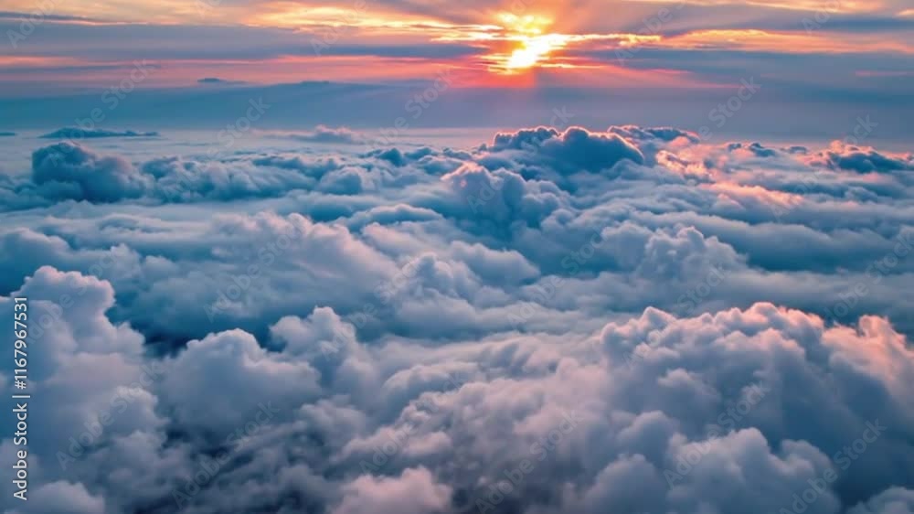 An aerial shot above breathtaking sunset clouds with rays of sun breaking through the fog, creating a picturesque, cinematic cloudscape,