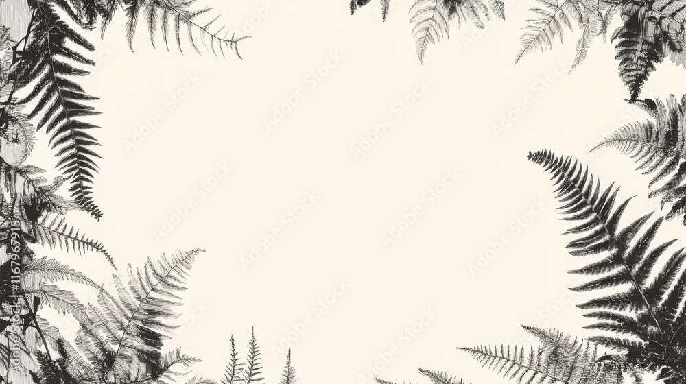 Naklejka premium 1.A highly detailed vector illustration featuring a lush fern frond frame, elegantly surrounding the edges of a blank space. The frame is made of delicate bracken fern leaves, each intricately drawn