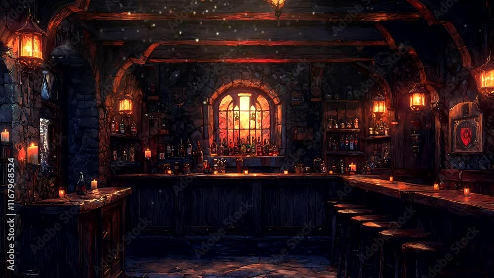 Rustic tavern interior illuminated by glowing chandeliers and warm lantern light. Seamless looping 4k video background Rustic tavern interior illuminated by glowing chandeliers and warm lantern light. Seamless looping 4k video background