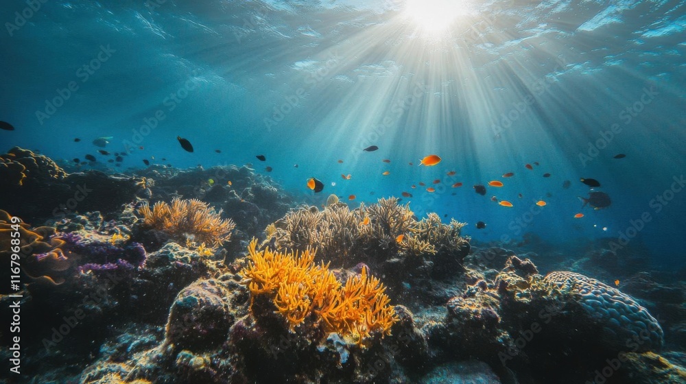 Fototapeta premium Underwater Coral Reef Scene: Sunbeams, Fish, and Vibrant Colors