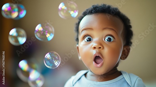 A baby with a surprised and delighted expression, experiencing bubbles for the first time, capturing the joy and wonder of the moment photo