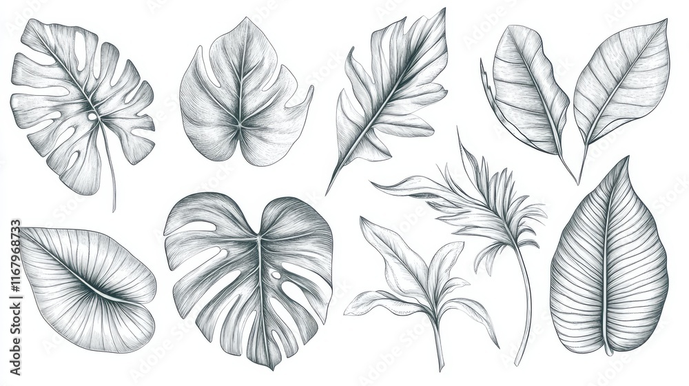 16.1. A stunning hand-drawn botanical illustration featuring a collection of tropical leaves, intricately detailed with fine line work to showcase the veins, curves, and natural imperfections of each 16.1. A stunning hand-drawn botanical illustration featuring a collection of tropical leaves, intricately detailed with fine line work to showcase the veins, curves, and natural imperfections of each