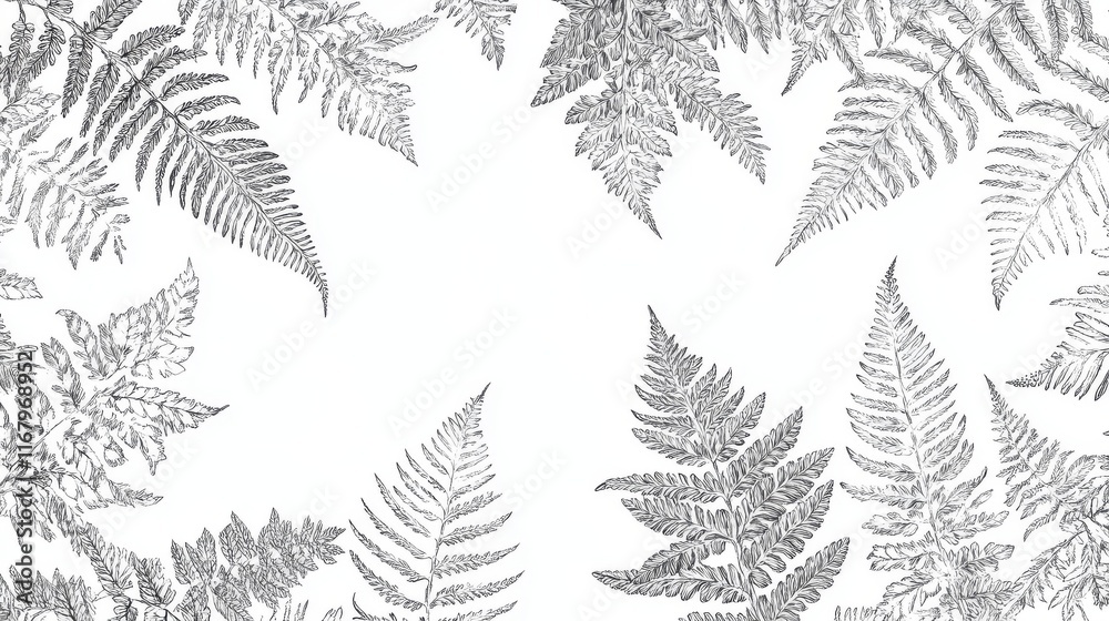 21.2. A detailed vector illustration featuring a set of fern leaves in fine line art, drawn with a focus on the intricate network of veins and the graceful shapes of the fronds. The ferns are 21.2. A detailed vector illustration featuring a set of fern leaves in fine line art, drawn with a focus on the intricate network of veins and the graceful shapes of the fronds. The ferns are