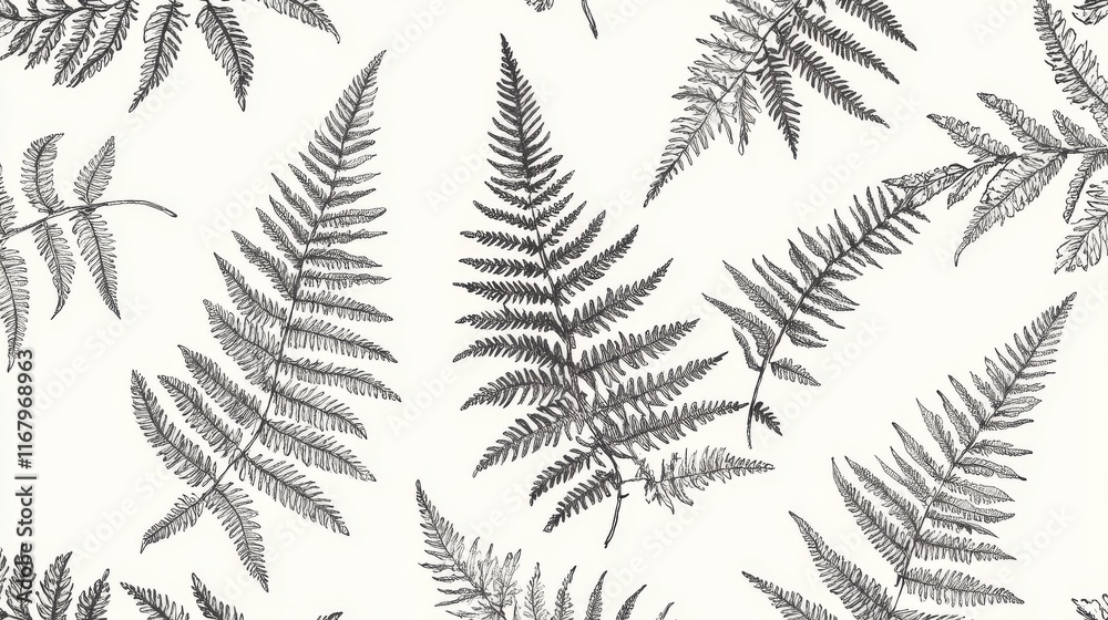 22.3. An elegant line art illustration of fern leaves, each meticulously drawn in black outlines to highlight the natural patterns and textures of the fronds. The fern leaves are isolated on a white 22.3. An elegant line art illustration of fern leaves, each meticulously drawn in black outlines to highlight the natural patterns and textures of the fronds. The fern leaves are isolated on a white