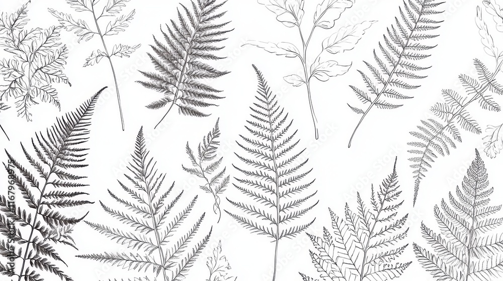 22.3. An elegant line art illustration of fern leaves, each meticulously drawn in black outlines to highlight the natural patterns and textures of the fronds. The fern leaves are isolated on a white 22.3. An elegant line art illustration of fern leaves, each meticulously drawn in black outlines to highlight the natural patterns and textures of the fronds. The fern leaves are isolated on a white
