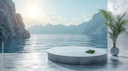 Minimalist marble podium by tranquil ocean with mountain backdrop. photo