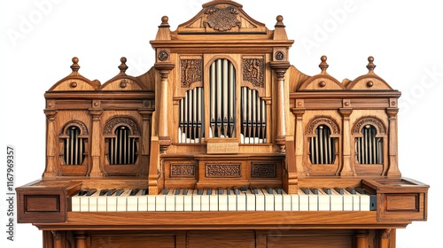 Intricate wooden organ with detailed carvings, isolated on a white background.