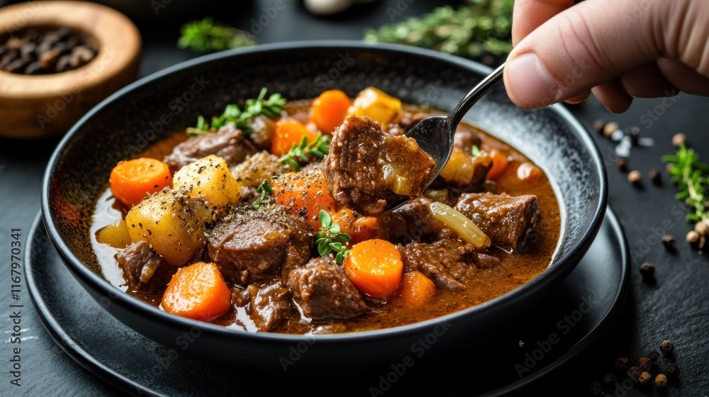 Close-up of a person using a fork to take a bite of beef stew in a black bowl. The stew contains carrots and potatoes. Close-up of a person using a fork to take a bite of beef stew in a black bowl. The stew contains carrots and potatoes.