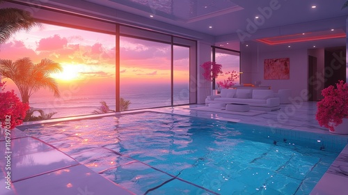 Sunset view from indoor pool in luxury home.
