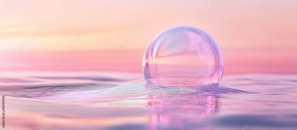 Glass orb in pink ocean at sunset. Glass orb in pink ocean at sunset.