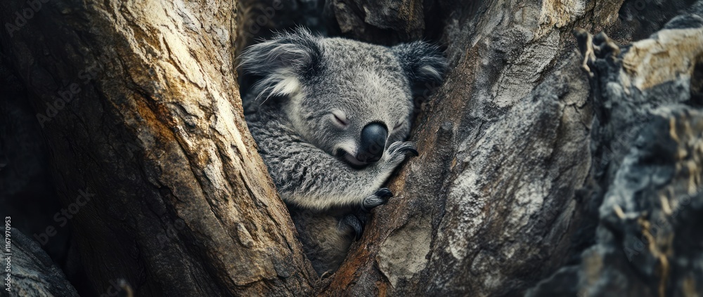 Sleeping koala nestled in tree trunk. Sleeping koala nestled in tree trunk.
